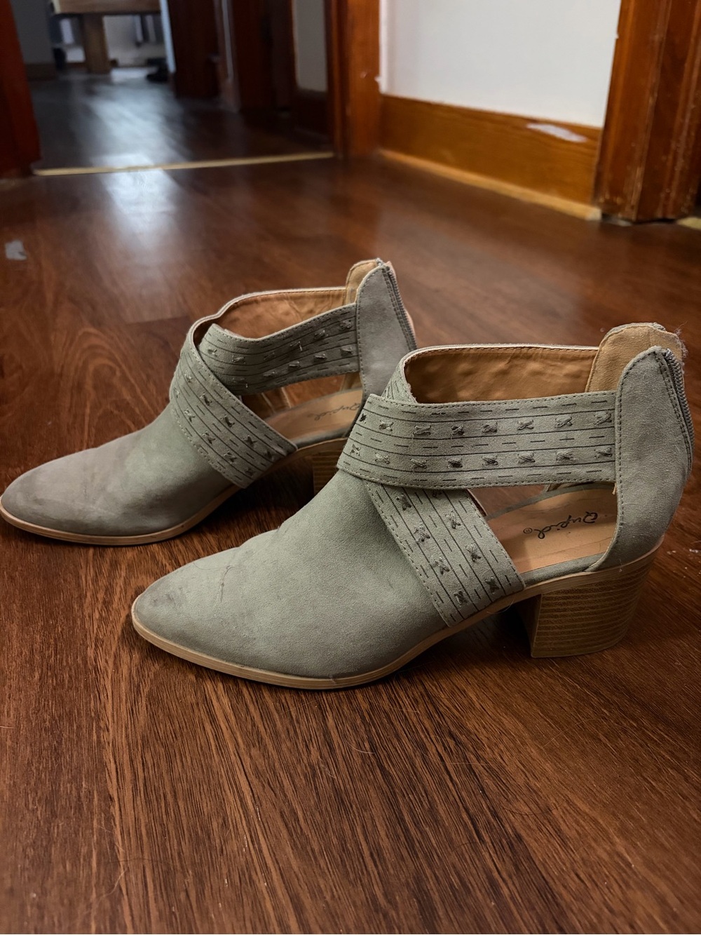 Gray Suede Cutout Ankle Booties with Stacked Heel